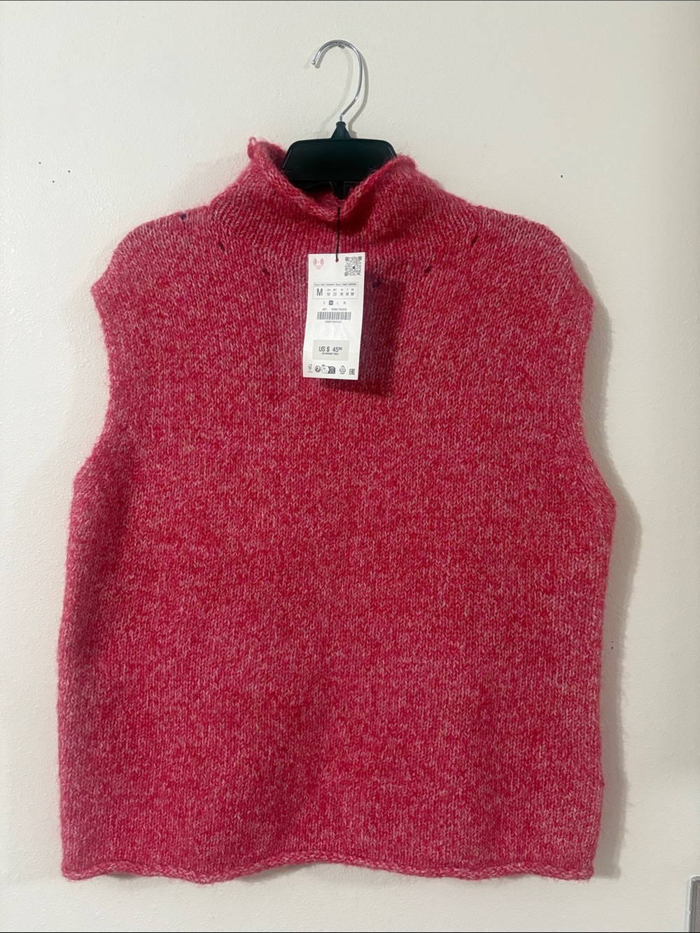 NWT Zara Cozy Knit Sweater Vest Pink Marled Turtleneck Sleeveless Pullover M
